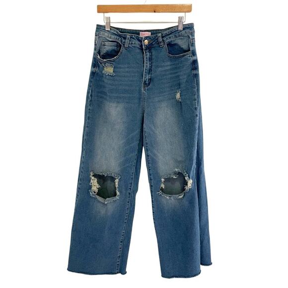 Pink Lily High Waisted Medium Wash Distressed Wide Leg Jeans Size 29 0634W - Picture 5 of 13